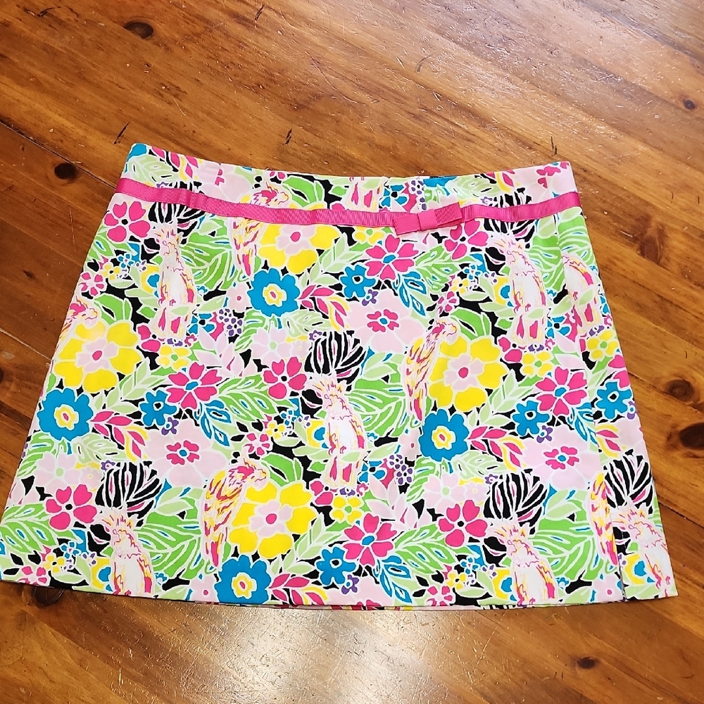 BAMBOO TRADERS SKORT Tropical Floral Bird Print 16 Back Zipper, Slits